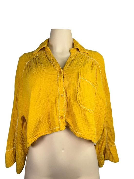 Avec Les Filles Tops - Avec Les Filles Mustard Yellow Cropped Gauze Button-Down Shirt